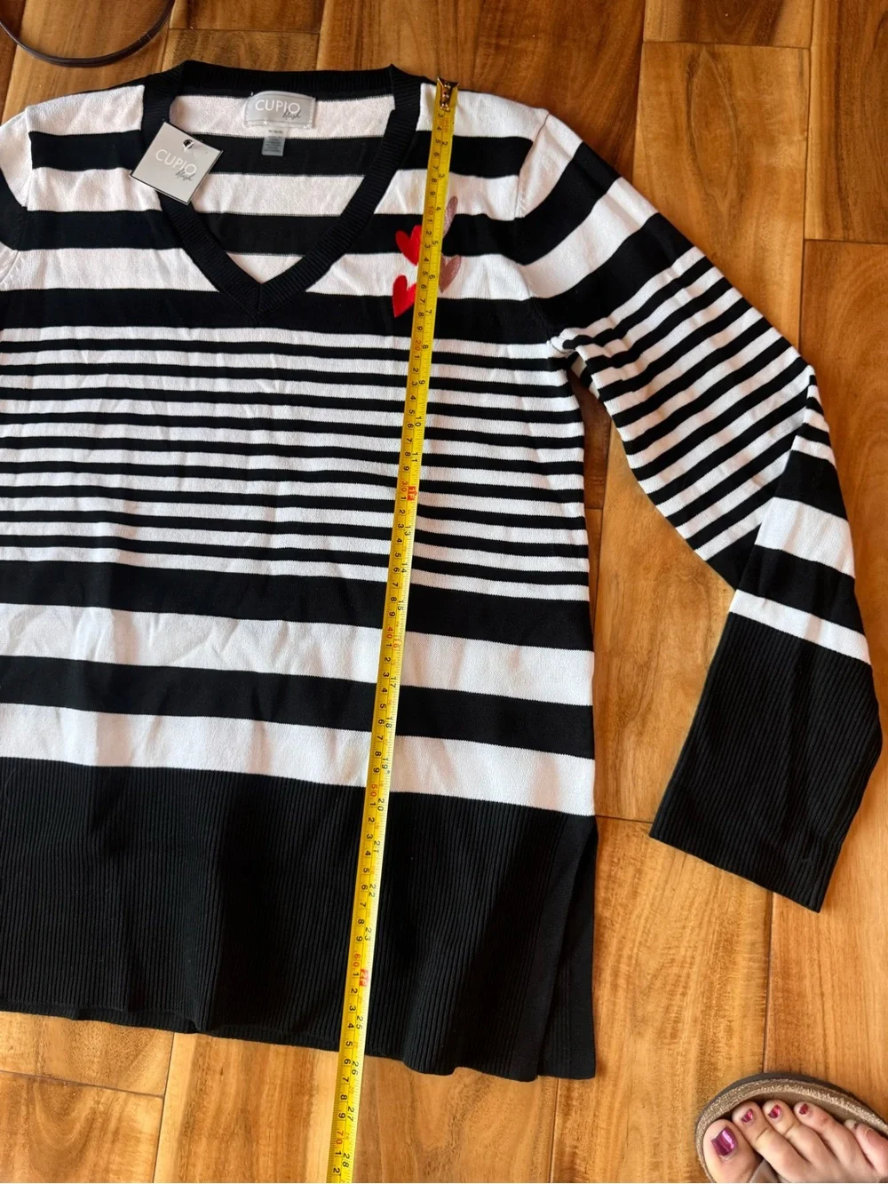 Cupio Black & White Striped V-Neck Sweater with Red & Pink Heart Details